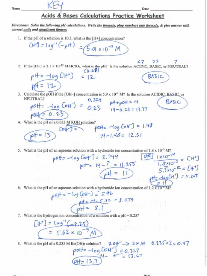 Acids and Bases Calculations Practice Worksheet KEY PDF  PDF