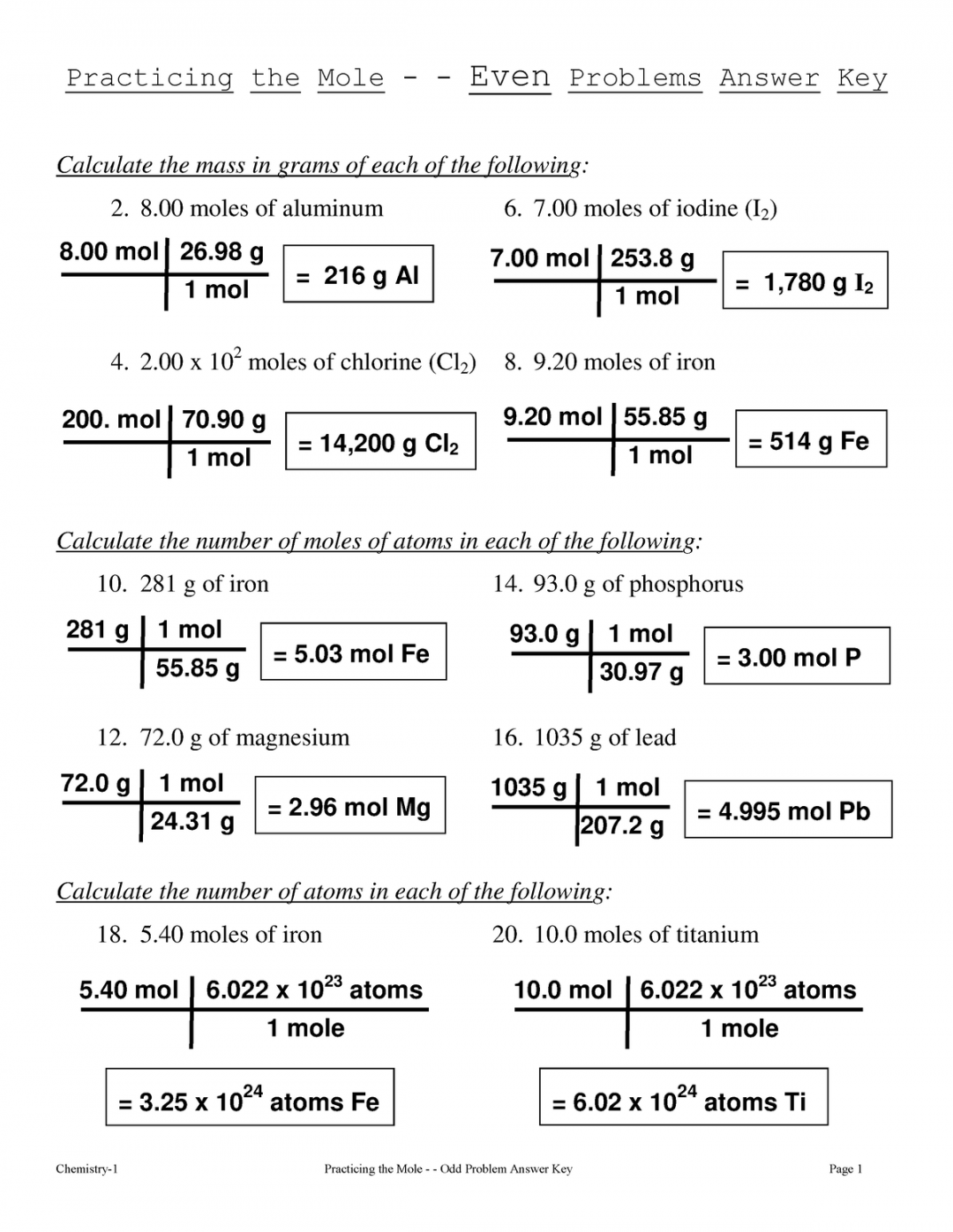 Act   Mole Practice KEYeven - Chemistry- Practicing the Mole