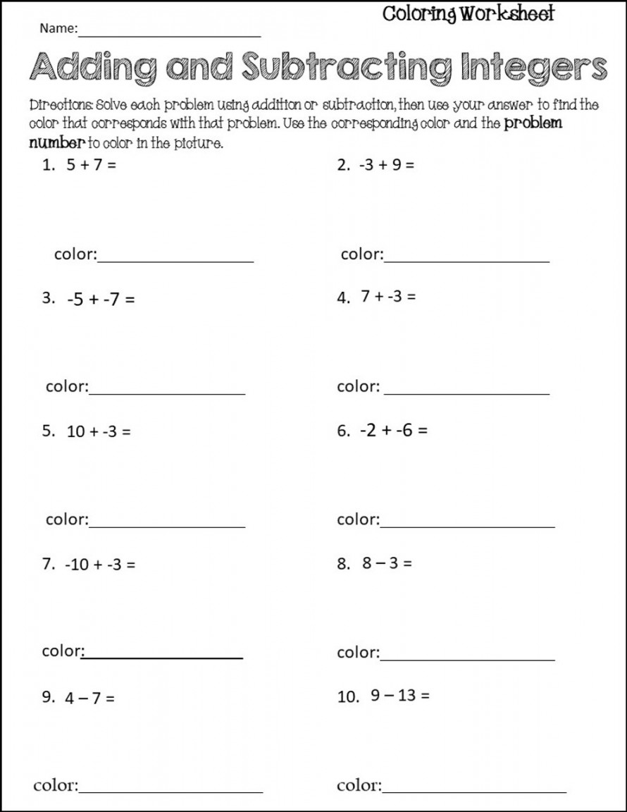 Adding & Subtracting Integers Coloring Activity