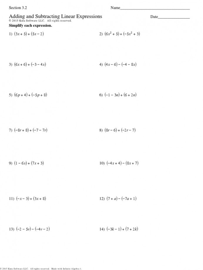 Adding and Subtracting Linear Expressions Worksheet  PDF