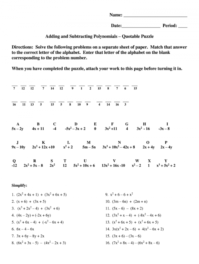 Adding and subtracting polynomials puzzle answer key: Fill out