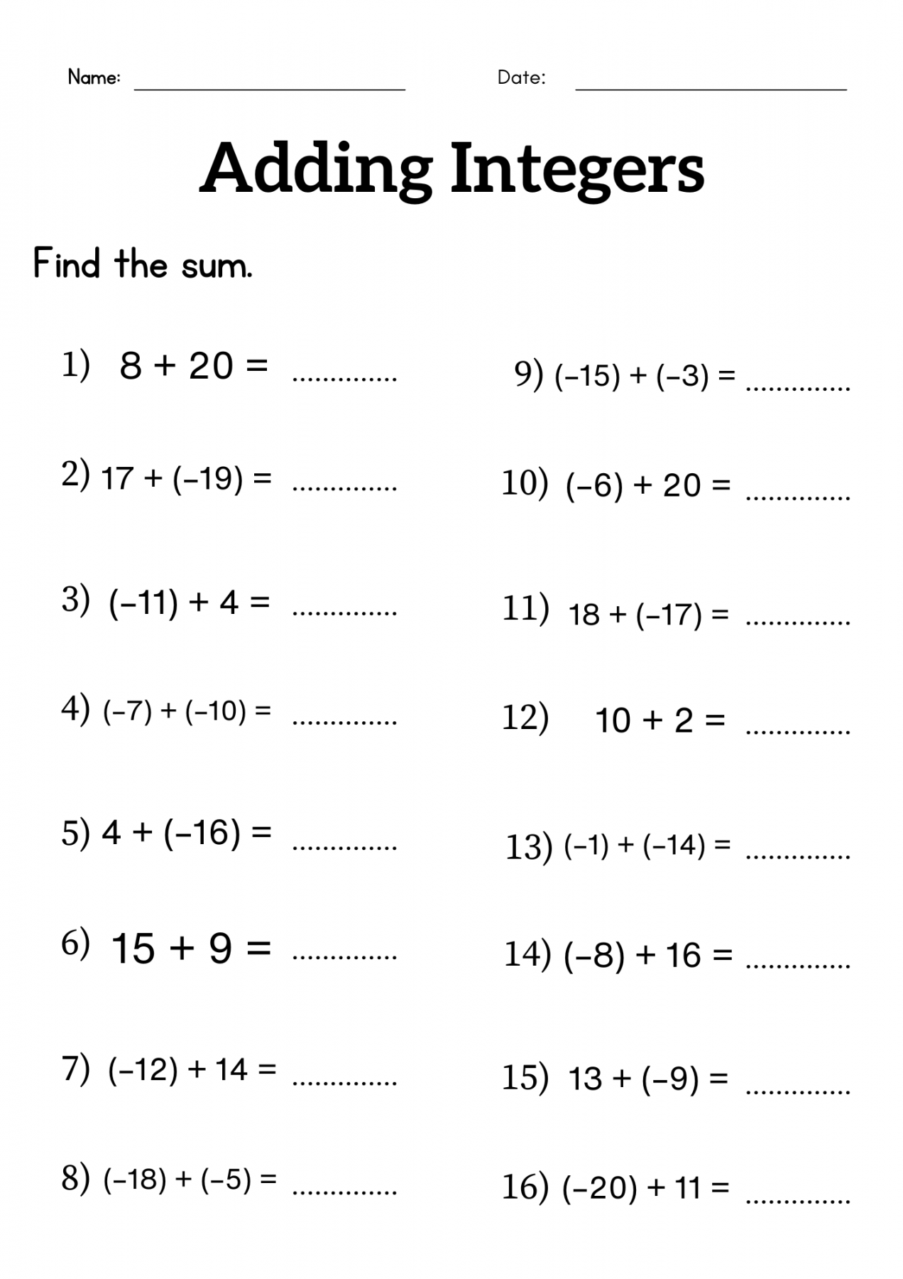 Adding integers worksheet grade  or  - addition of integers