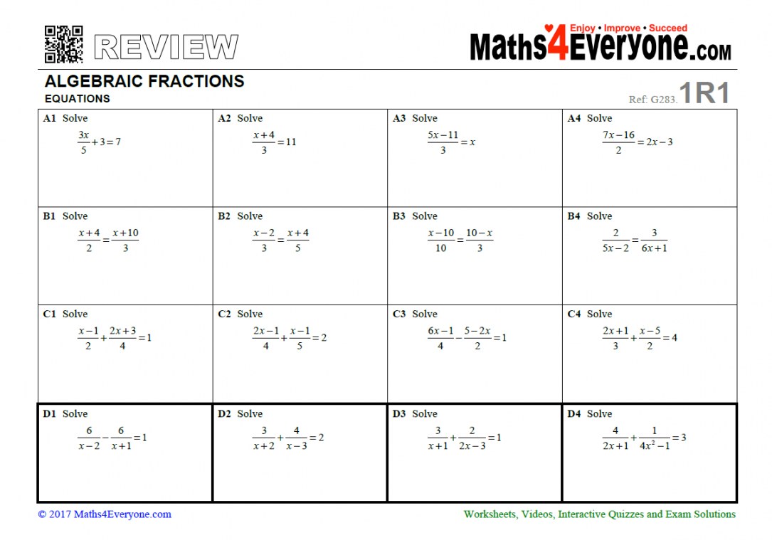 Algebraic Fractions GCSE Revision Worksheet – Solving Equations