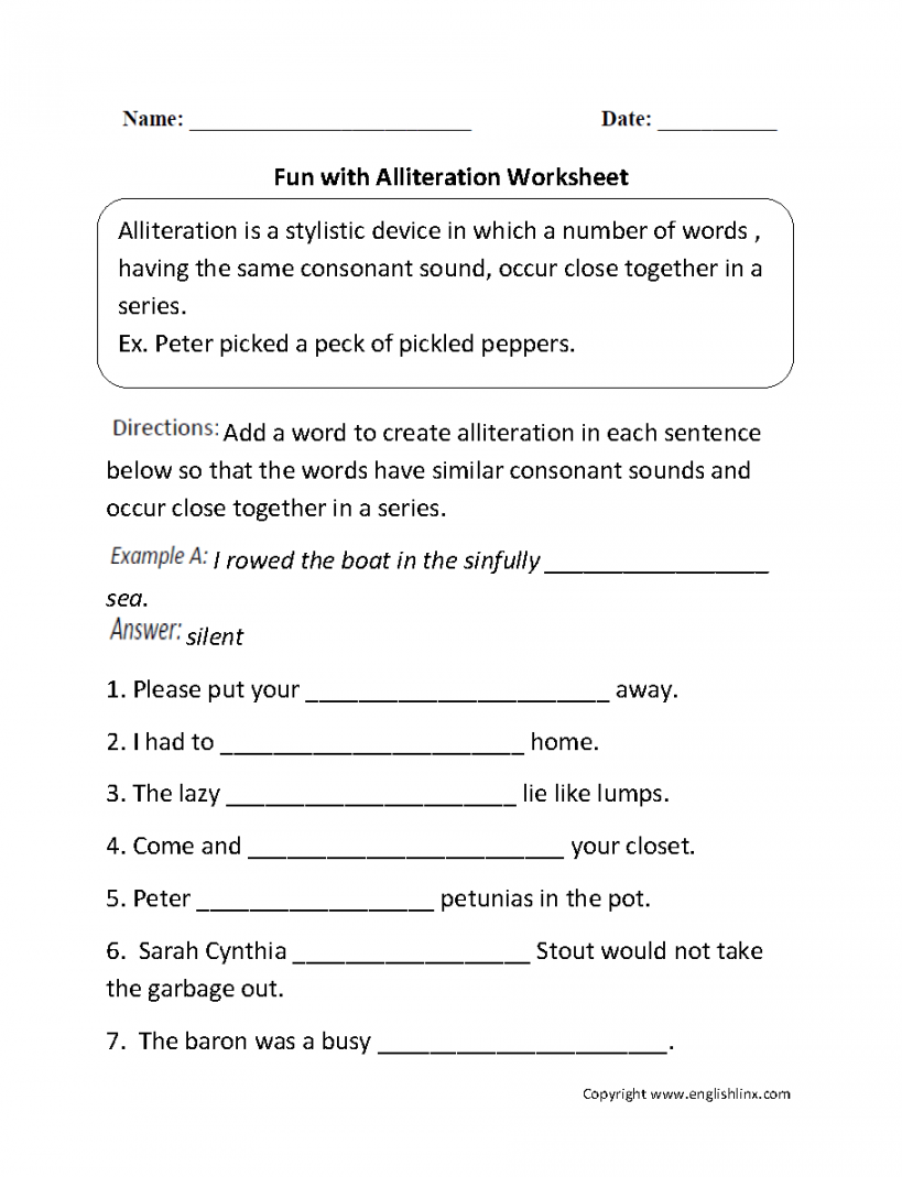 Alliteration Worksheets  Fun with Alliteration Worksheet