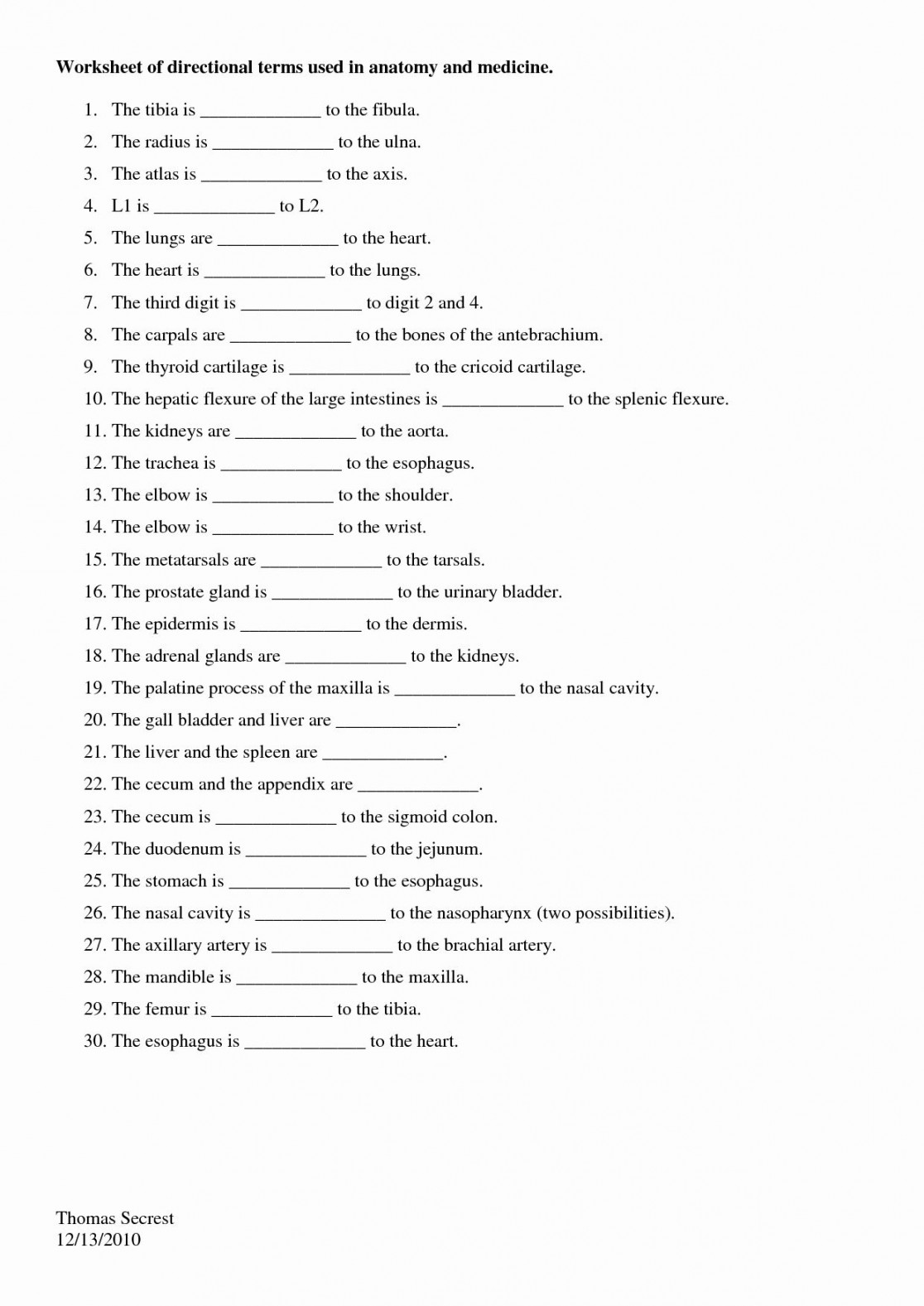 Anatomical Terms Worksheet Answers Elegant