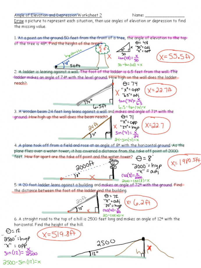Angle of Elevation Depression Answer Key  PDF