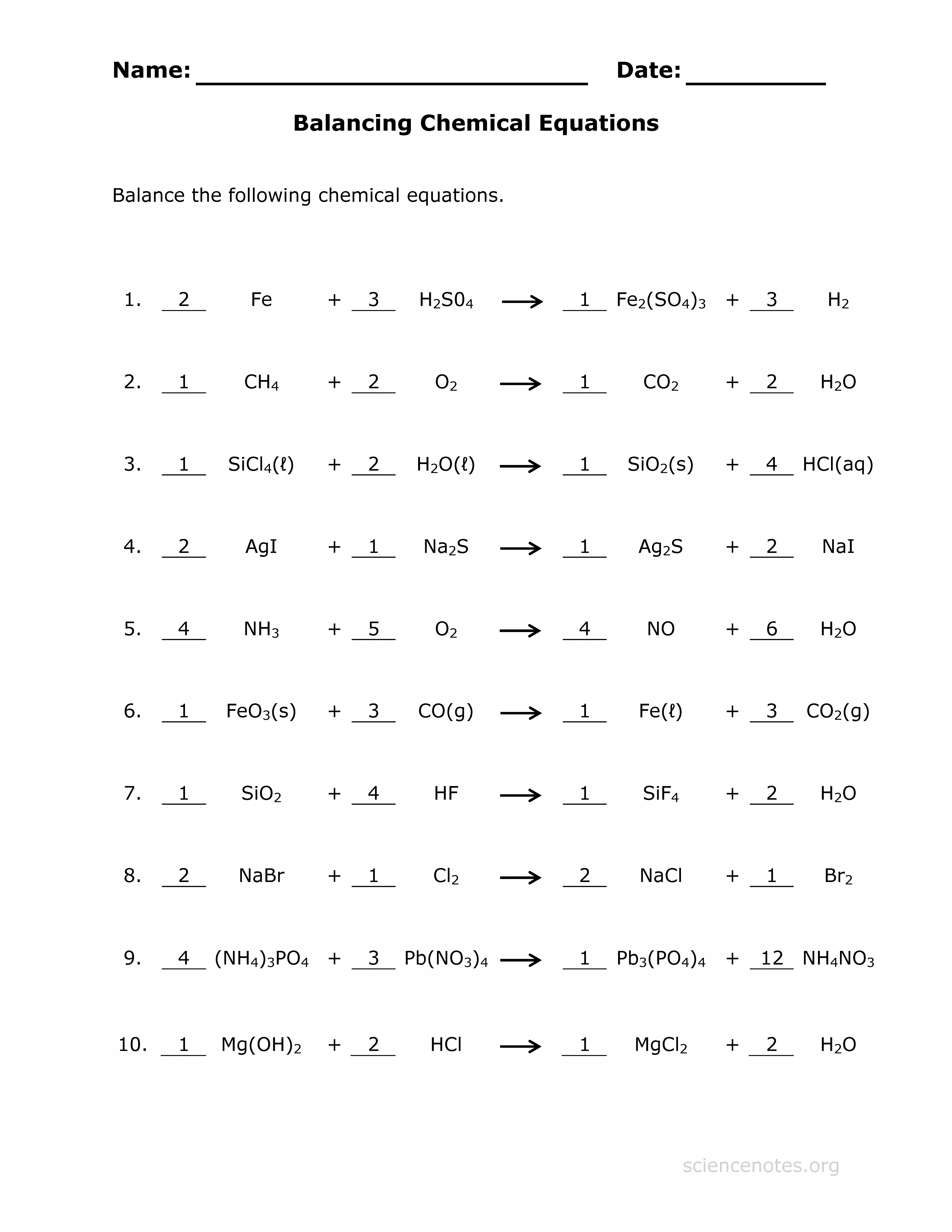 Answer key for the Balance Chemical Equations worksheet