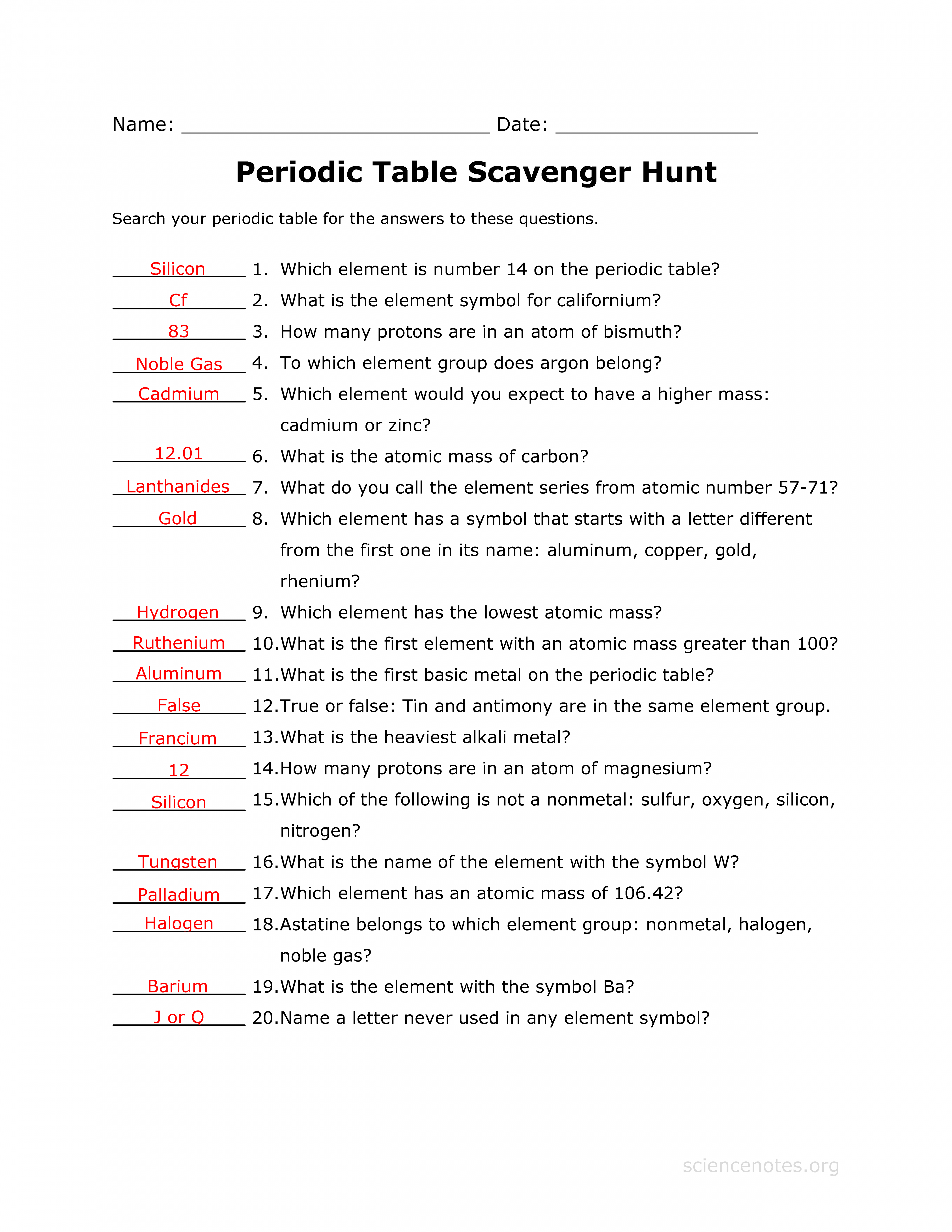 Answer key to the Periodic Table Scavenger Hunt Worksheet