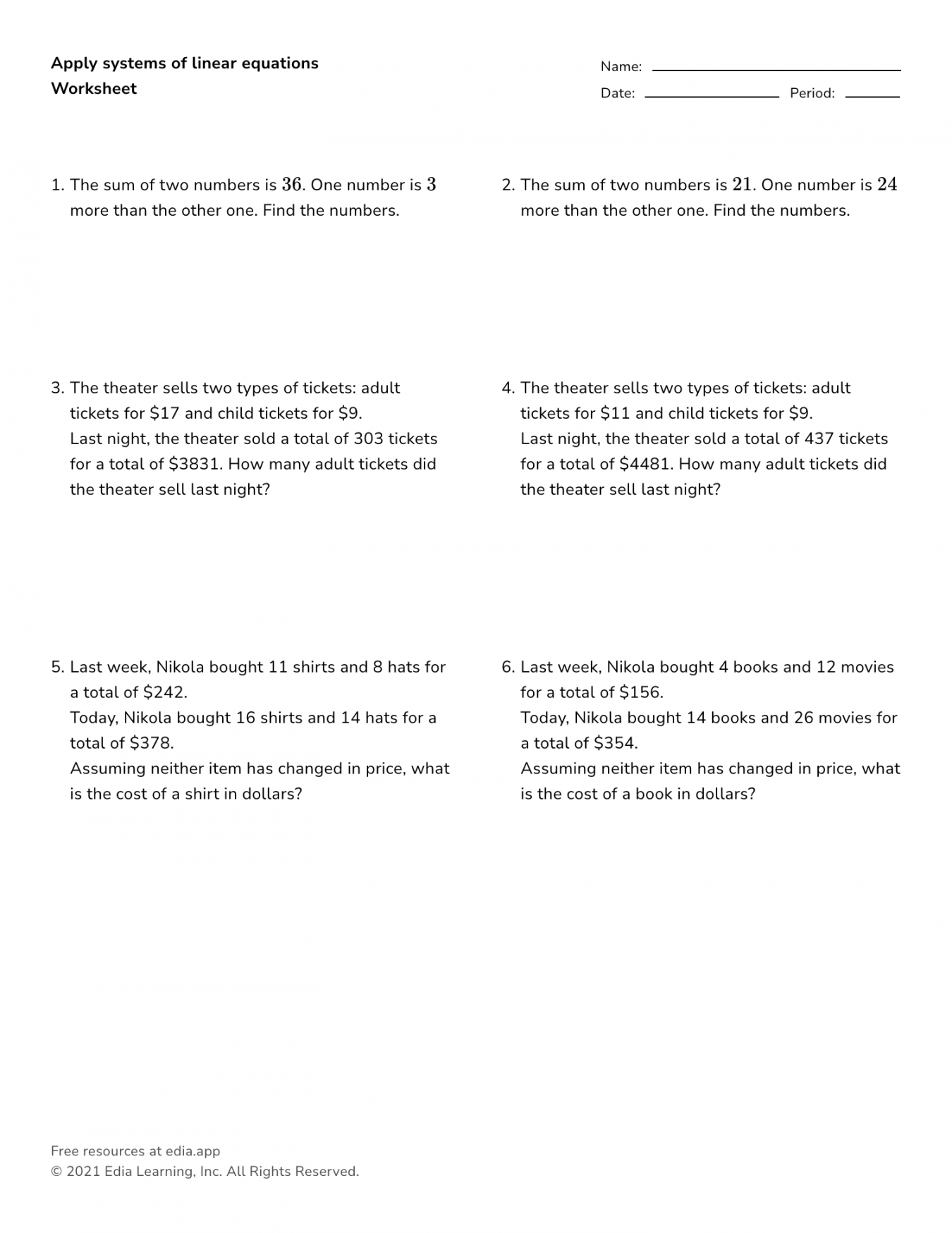 Apply Systems Of Linear Equations - Worksheet