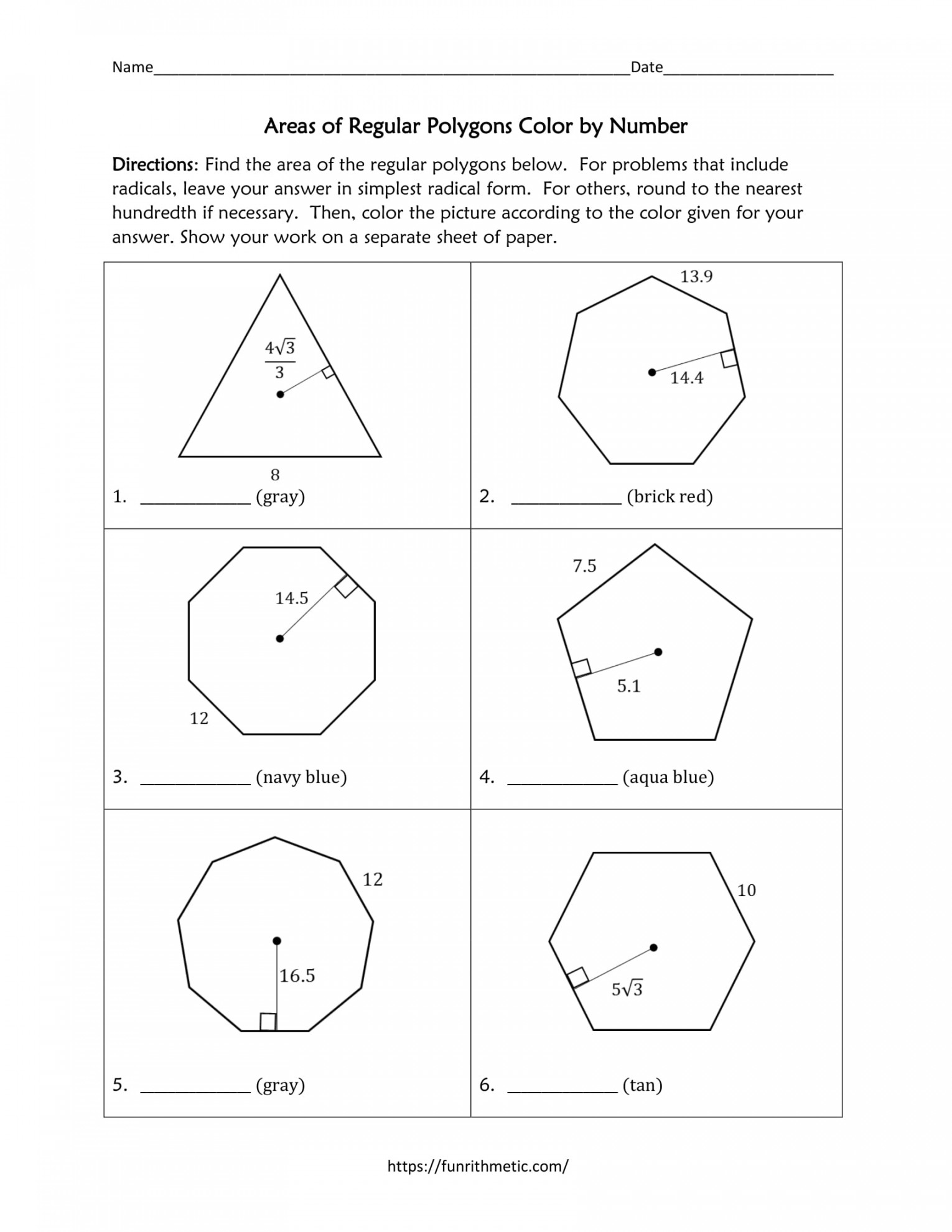 Areas of Regular Polygons Color by Number