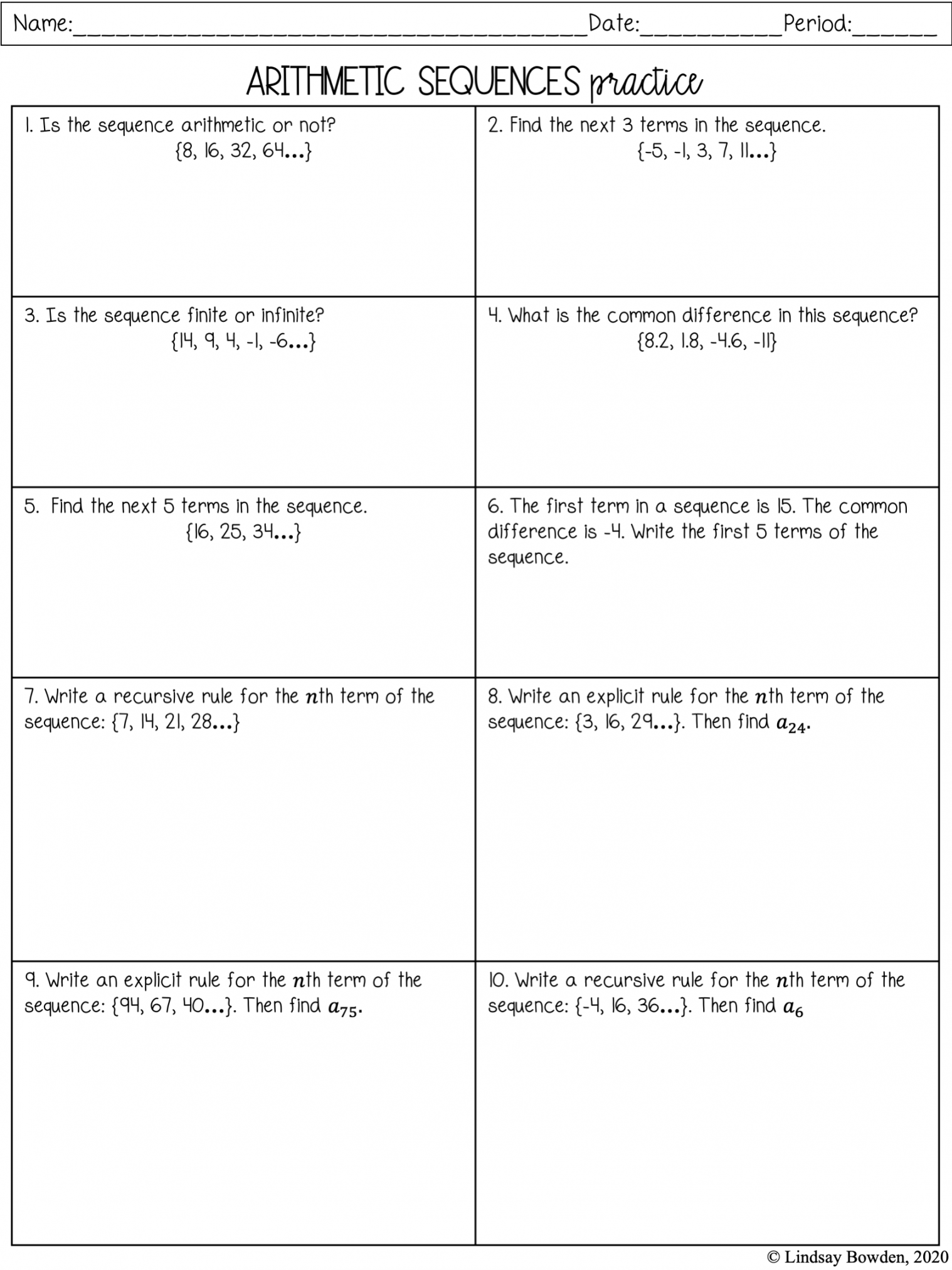 Arithmetic Sequences Notes and Worksheets - Lindsay Bowden