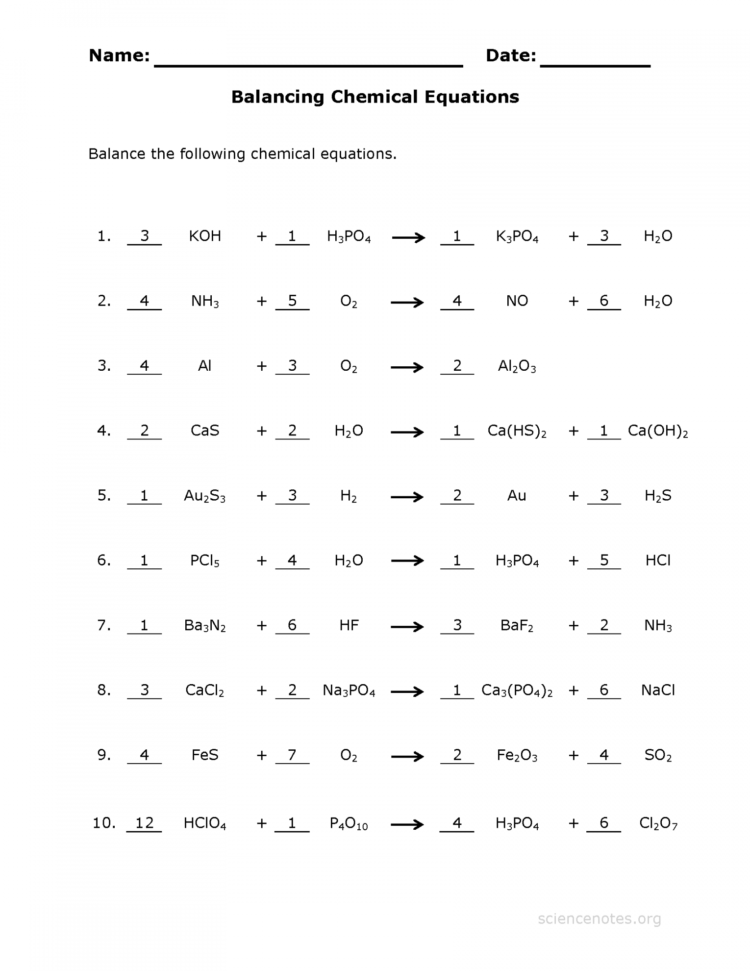Balancing Chemical Equations Practice Sheet