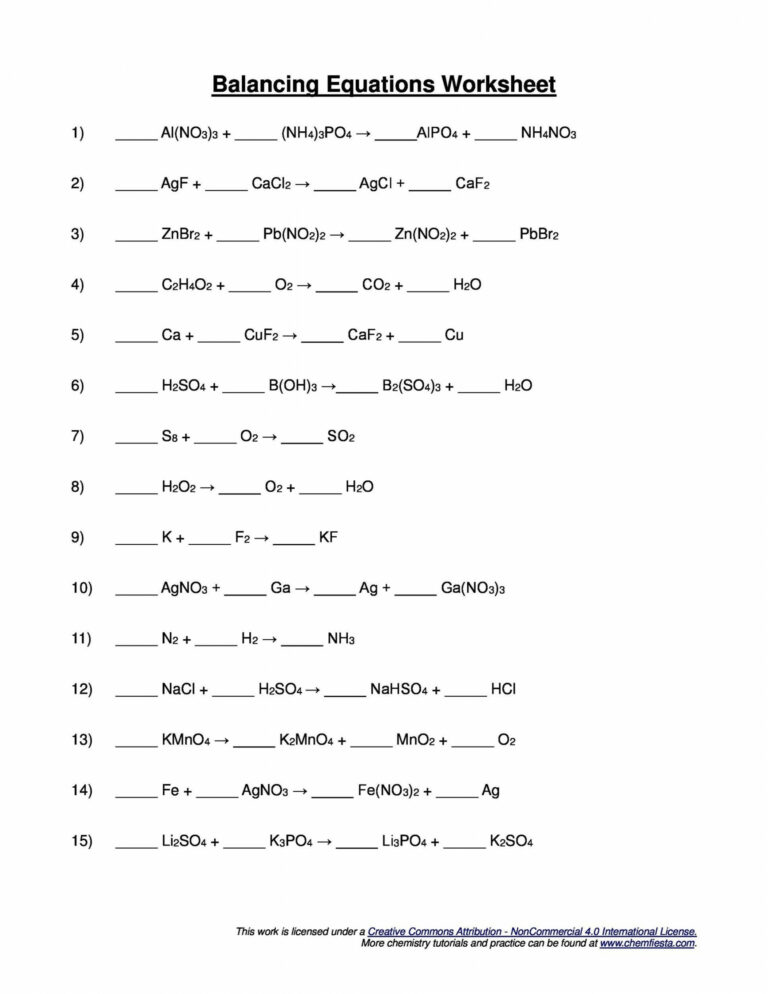 Easy Balancing Equations Worksheet