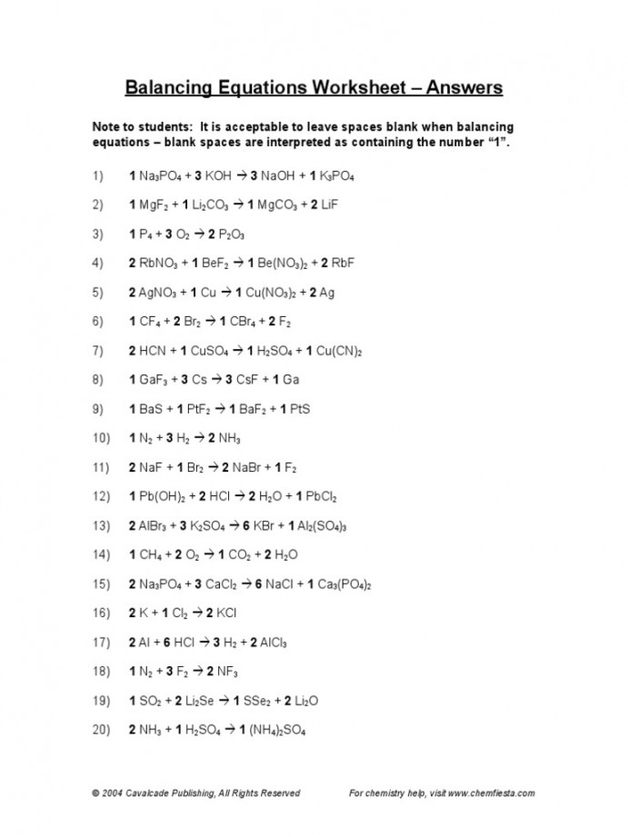 Balancing Equations Worksheet - Answers: ©  Cavalcade