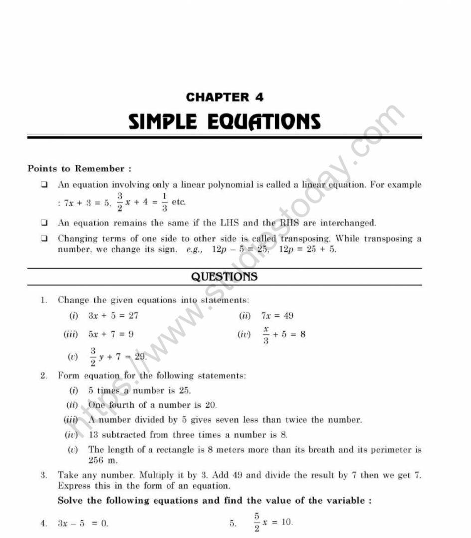 CBSE Class  Mental Maths Simple Equations Worksheet
