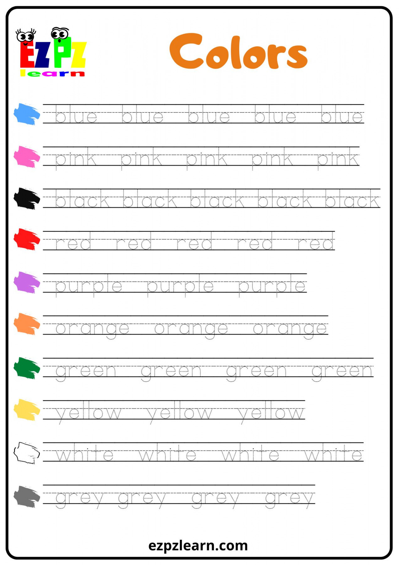 Colors Word Tracing Worksheet - Ezpzlearn