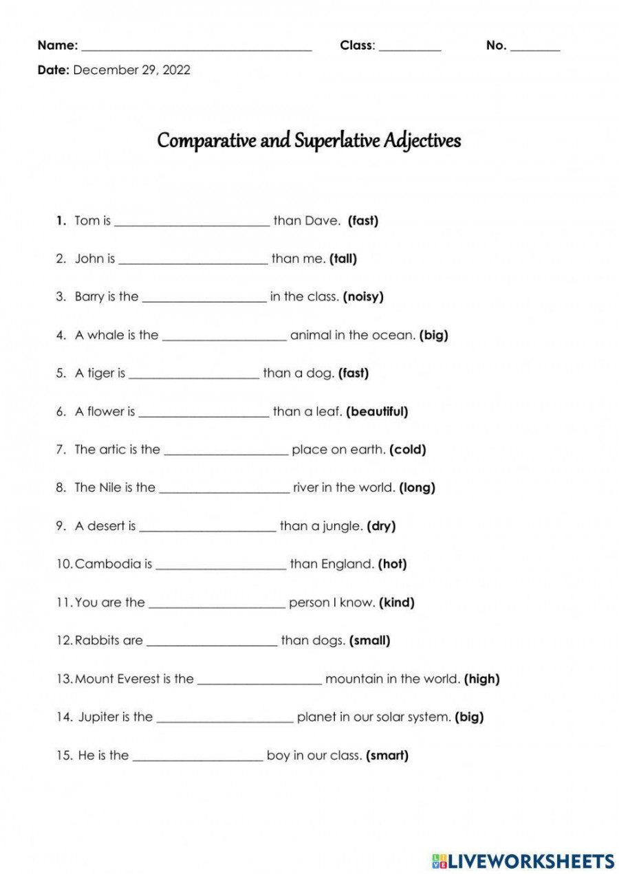 Comparative and Superlative Adjective Worksheet worksheet  Live