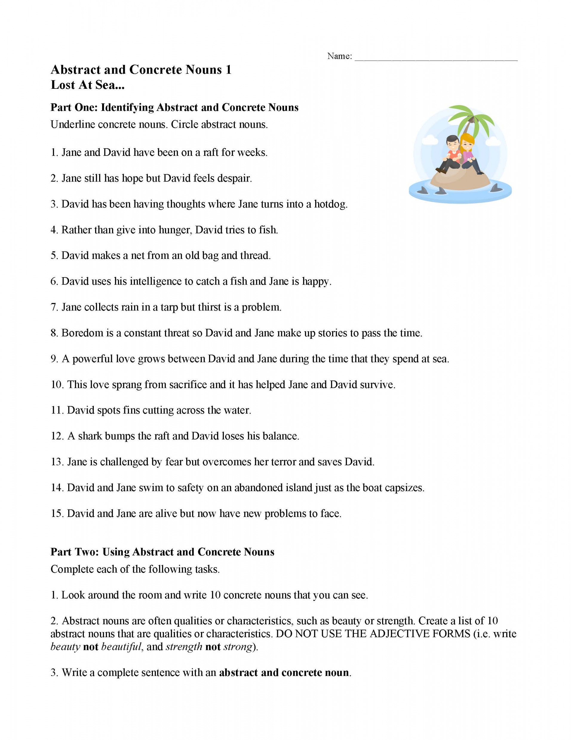 Concrete and Abstract Nouns Worksheet  "Lost at Sea"  Parts