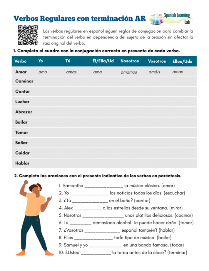 Conjugating -AR Regular Verbs in Spanish (Present) - PDF Worksheet