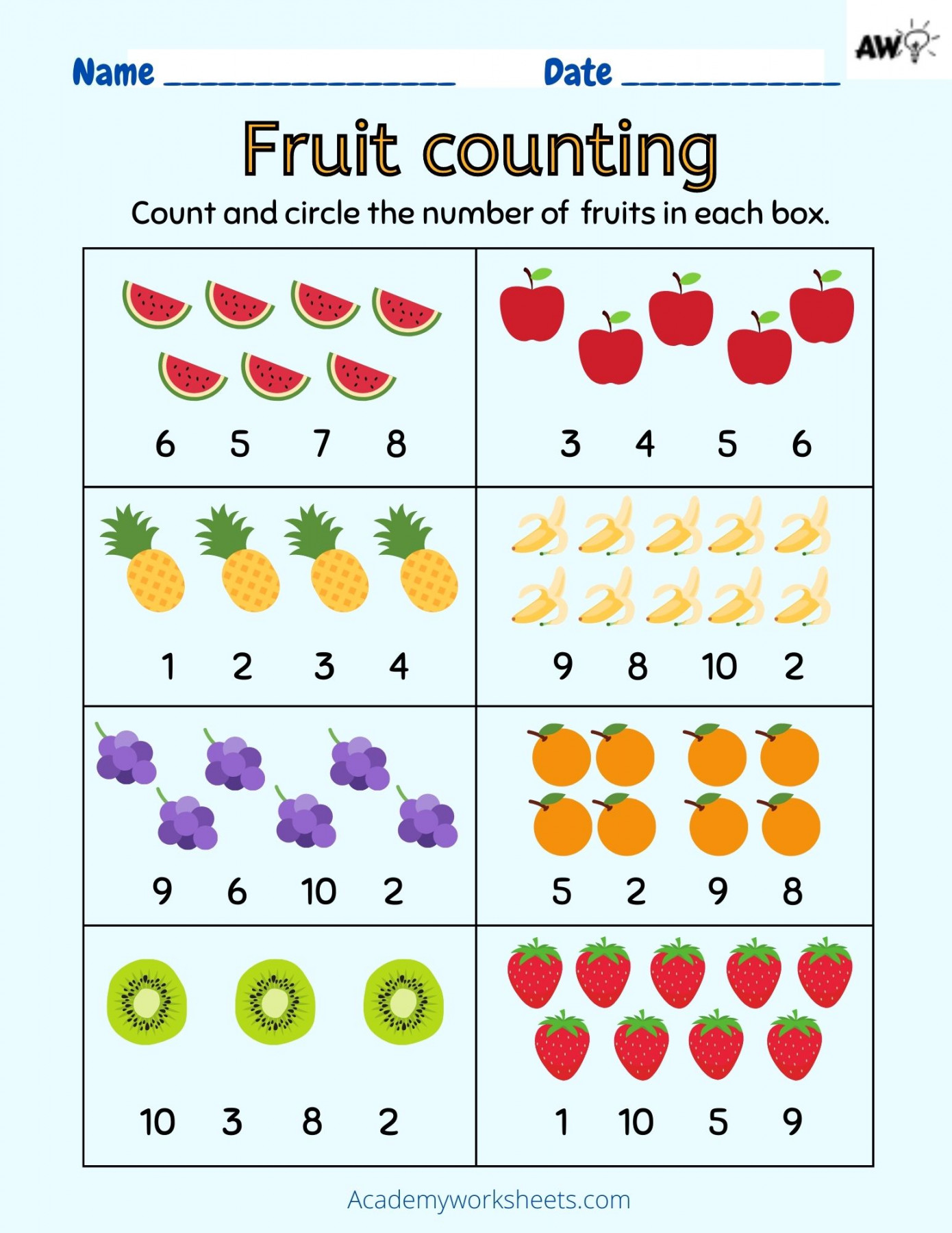 Count, Match and Color Fruit -0 - Academy Worksheets