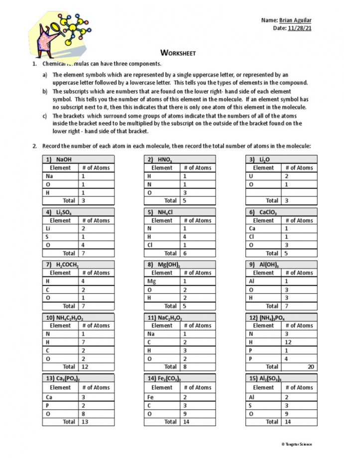 Counting Atoms - Worksheet - Docx WK  PDF  Molecules  Chemical