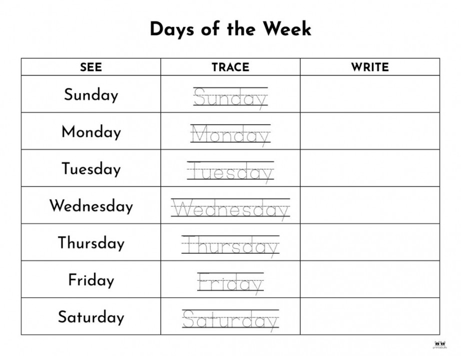 Days of the Week Worksheets & Printables -  Free Pages  Printabulls