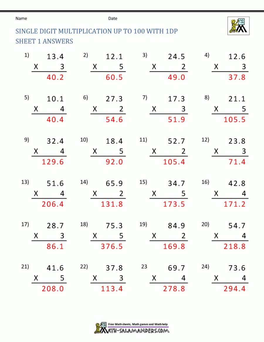 Decimal Multiplication Worksheets th Grade