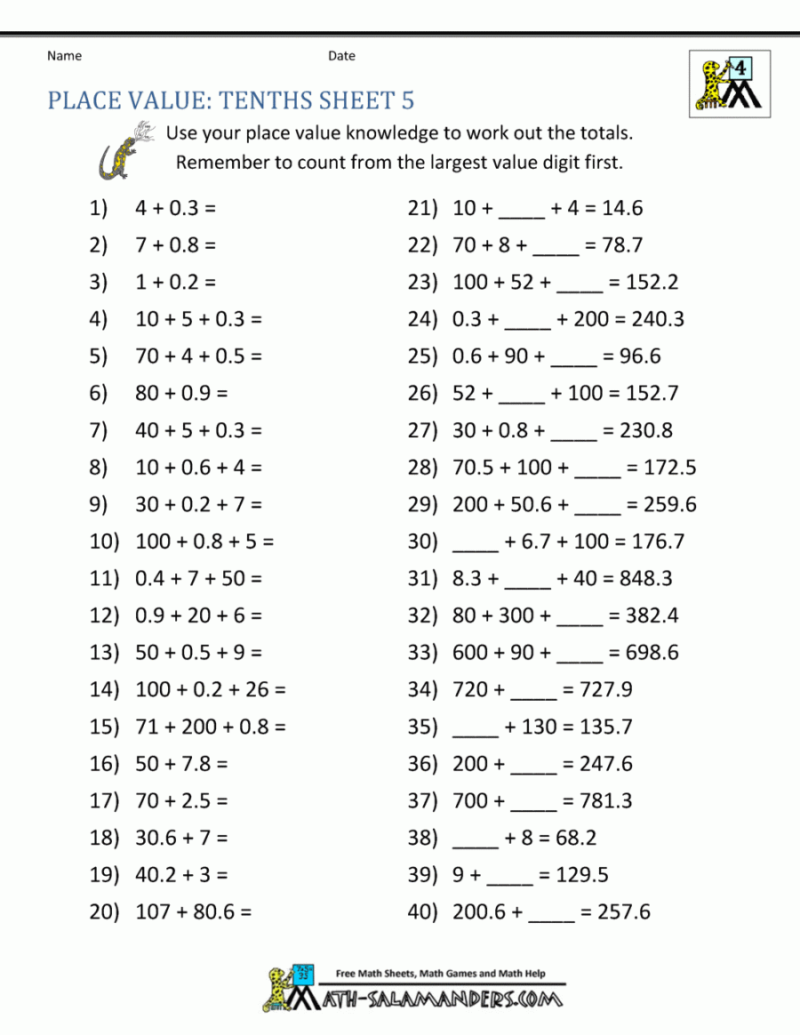 Decimal Place Value Worksheets th Grade