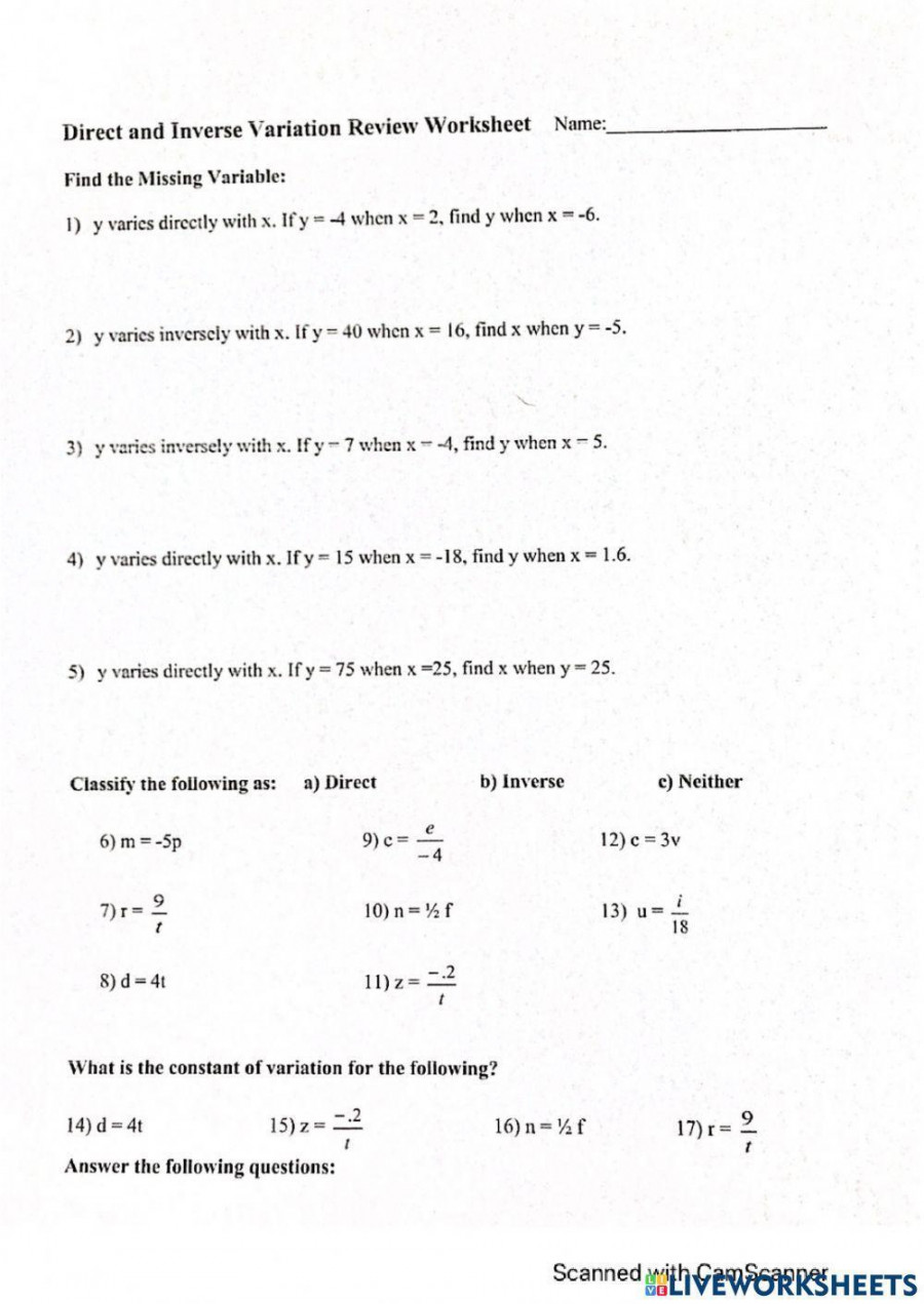 Direct and Inverse Variation worksheet  Live Worksheets