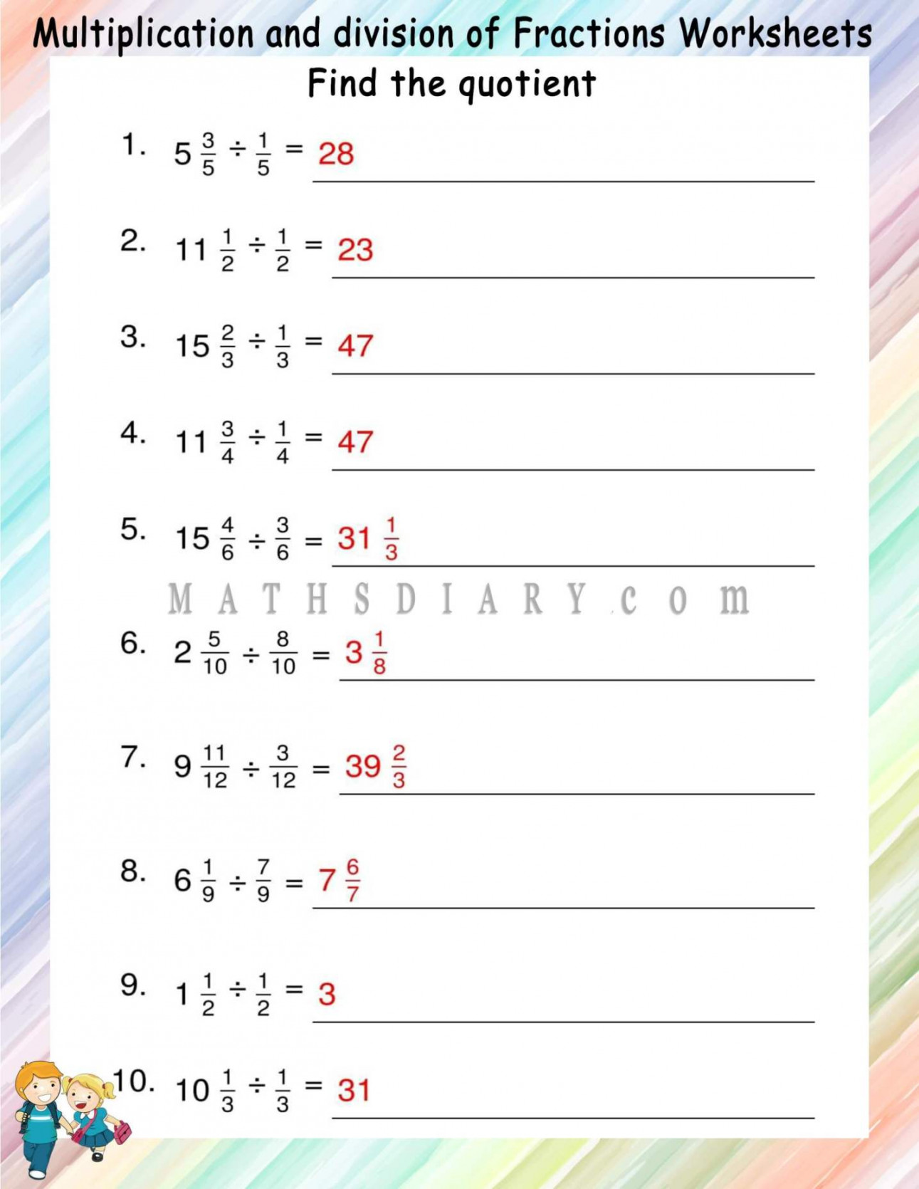 Dividing whole number by fractions worksheets - Math Worksheets