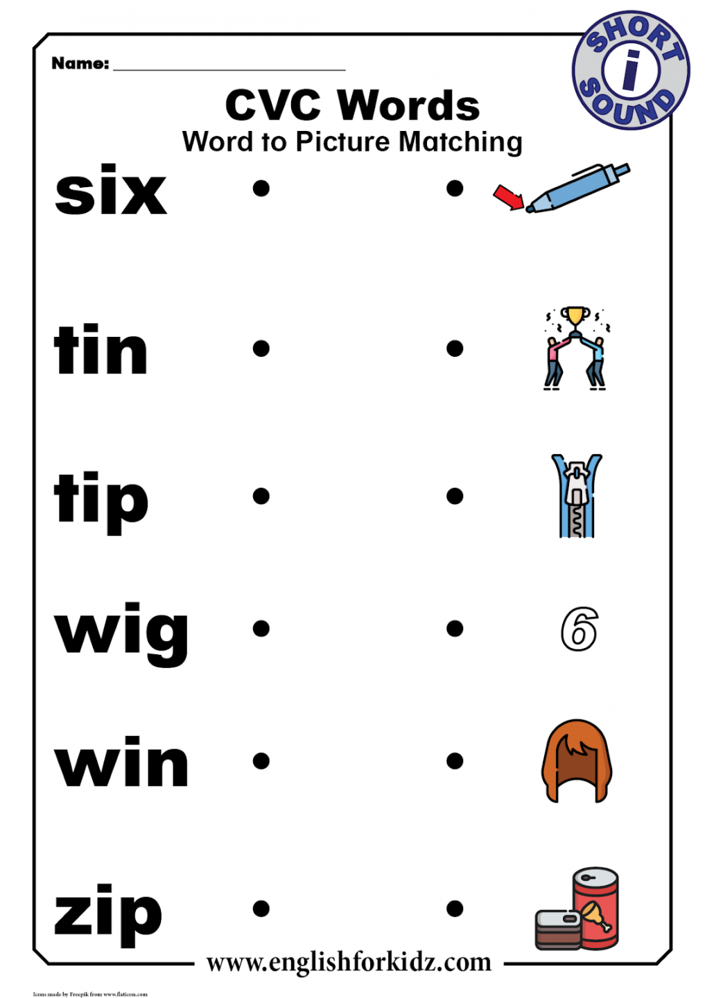 English for Kids Step by Step: CVC Words Worksheets: Short I Sound
