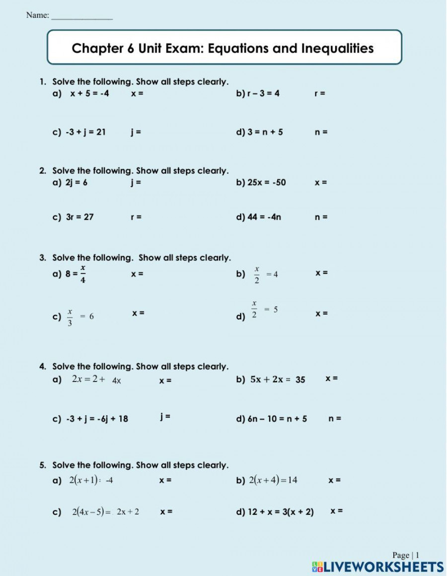 Equations and Inequalities worksheet  Live Worksheets