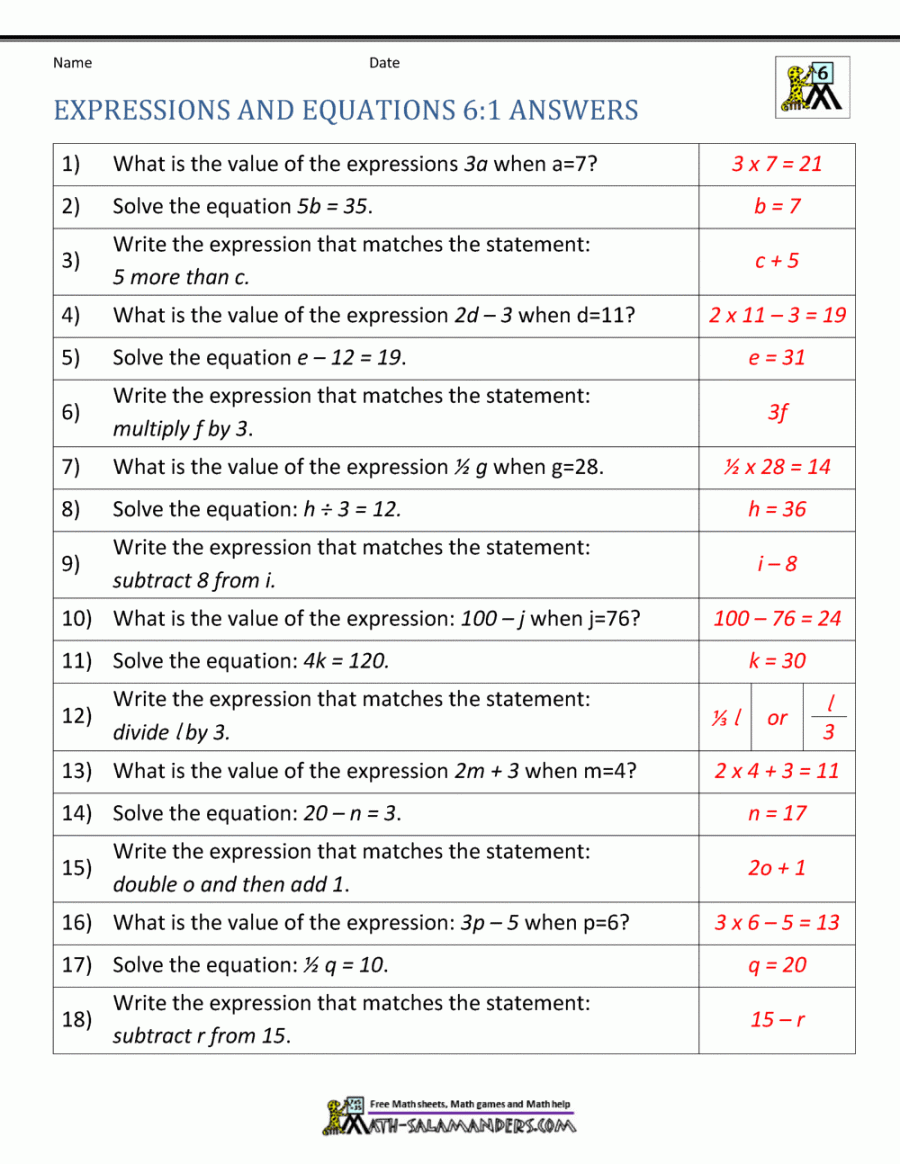 Expressions and Equations th Grade