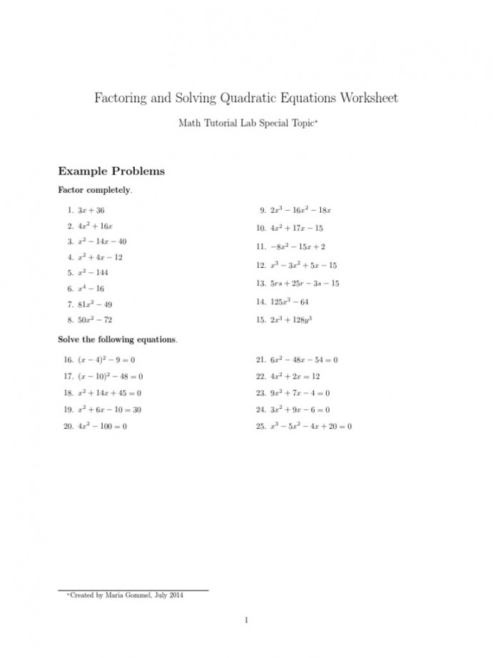 Factoring and Solving Quadratic Equations Worksheet: Example