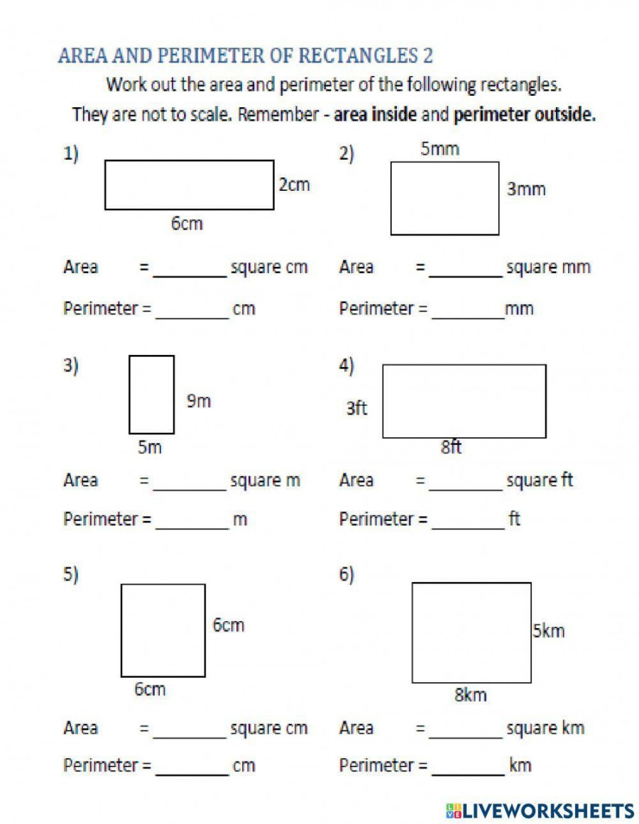 Find area and perimeter of a rectangle worksheet  Live Worksheets