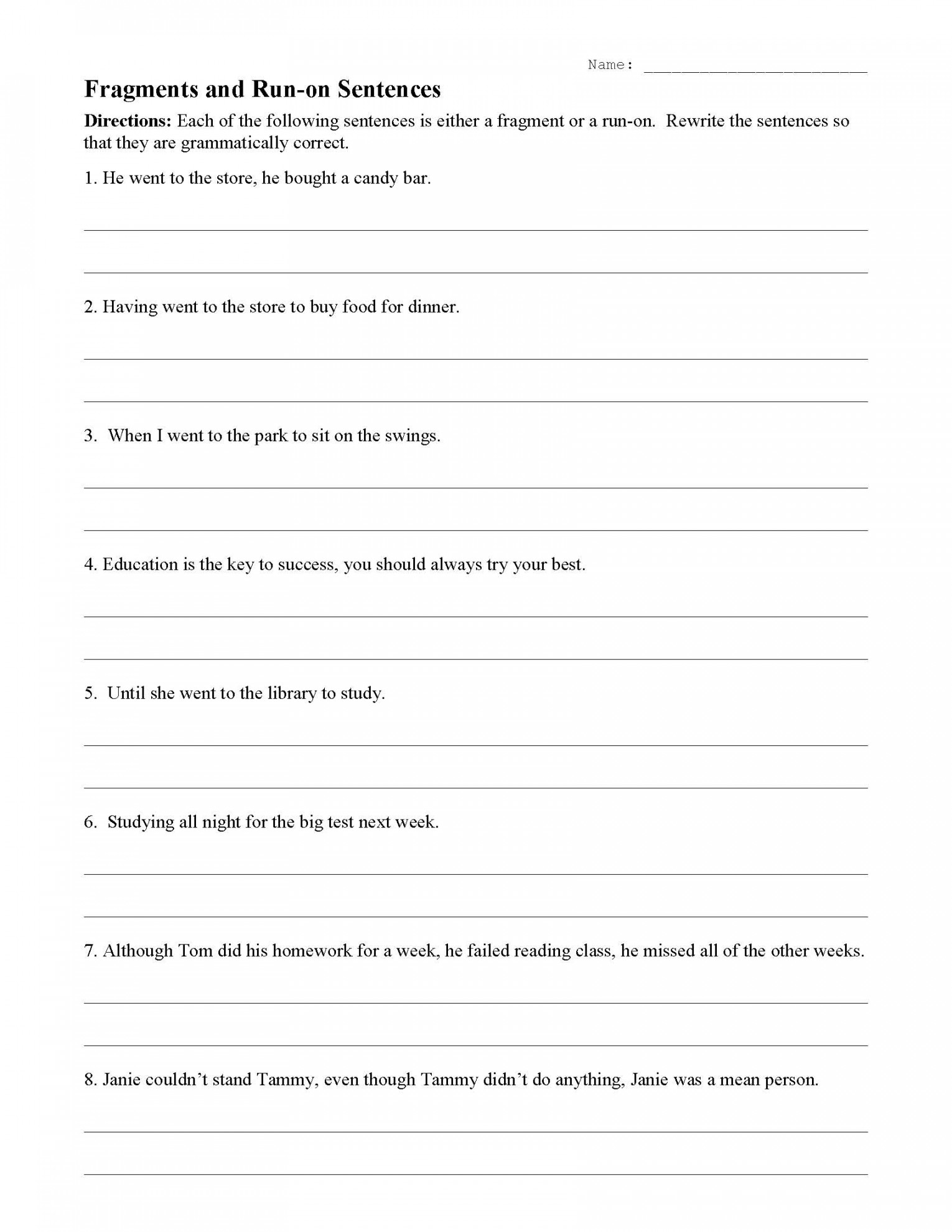 Fragments and Run-On Sentences Worksheet  Sentence Structure Activity