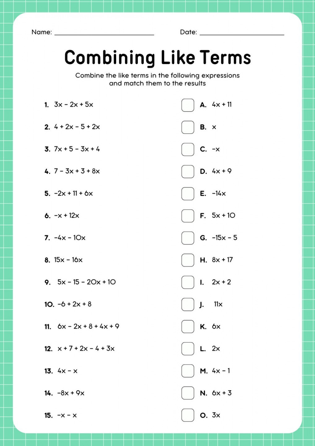 Free custom combining like terms worksheet templates  Canva