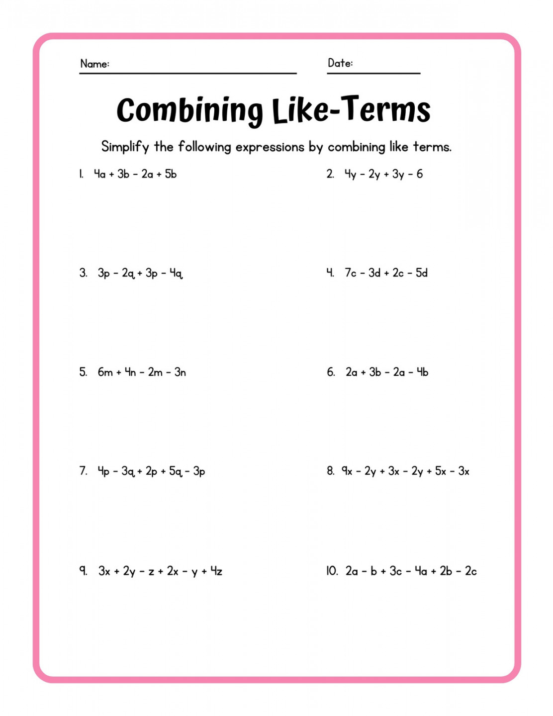 Free custom combining like terms worksheet templates  Canva