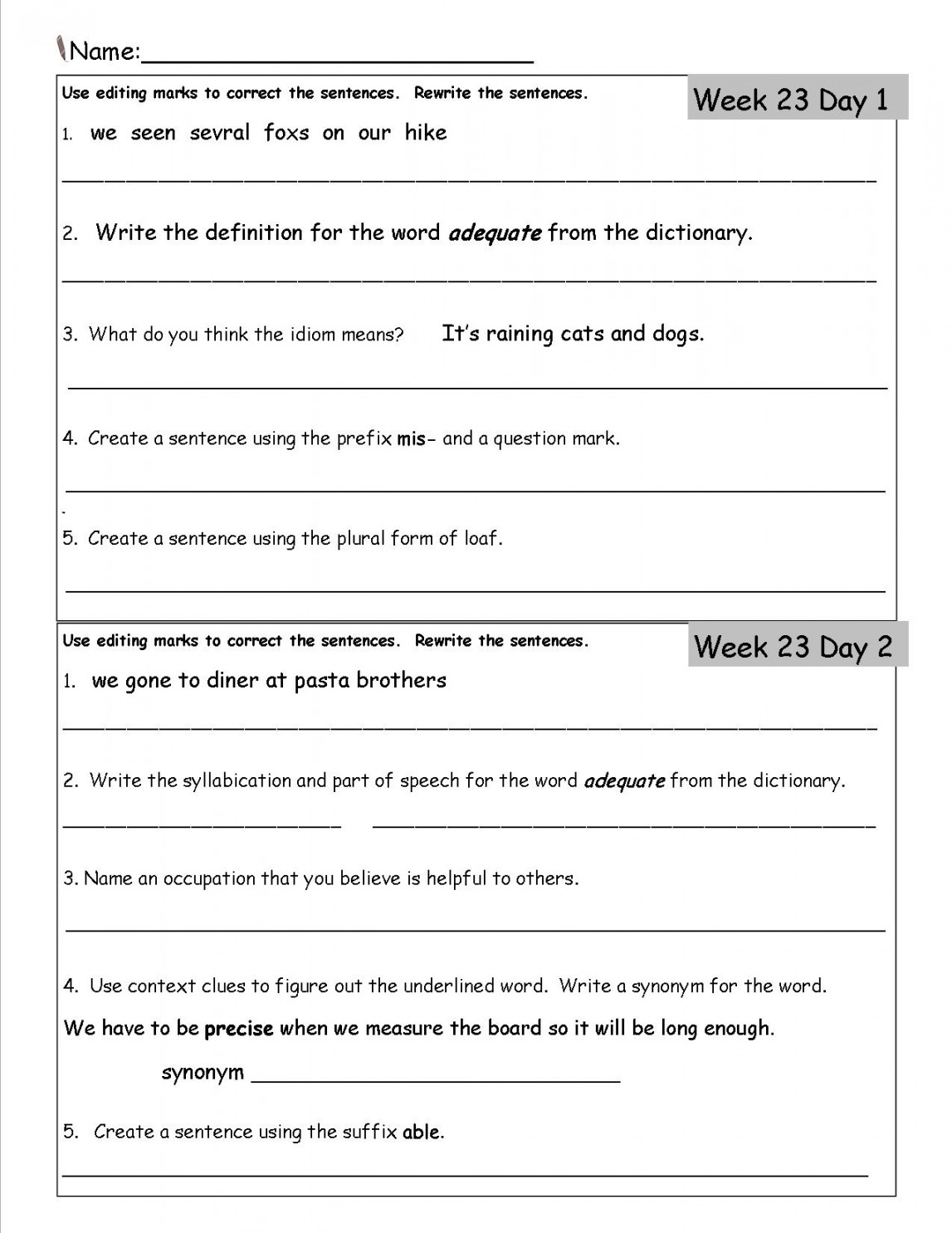 Free rd Grade Daily Language Worksheets