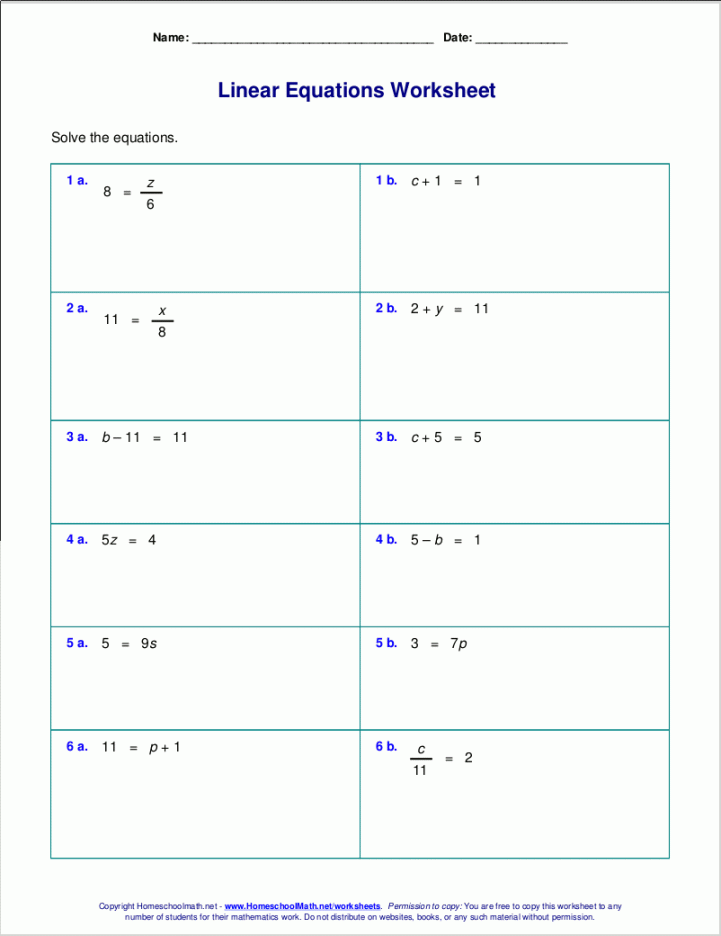 Free worksheets for linear equations (grades -, pre-algebra