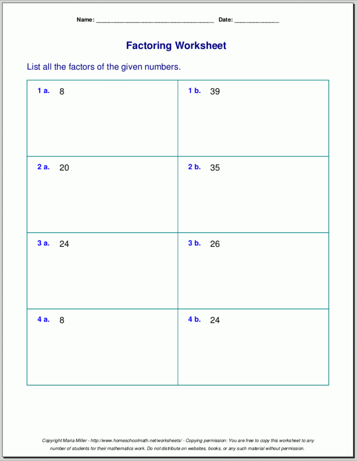 Free worksheets for prime factorization / find factors of a number