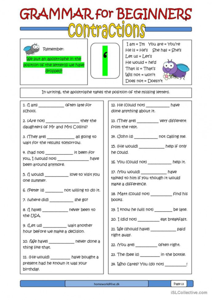 Grammar for Beginners: Contractions: English ESL worksheets pdf & doc