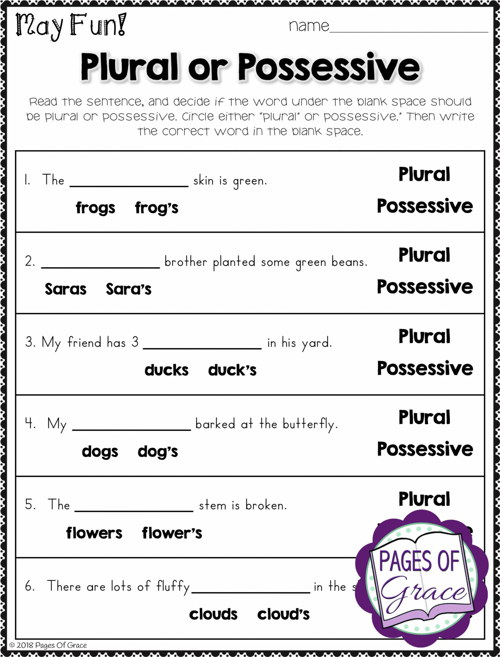 Grammar Worksheet for May (nd & rd Grade)  Distance Learning
