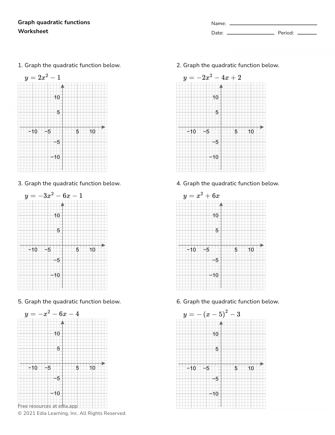 Graph Quadratic Functions - Worksheet