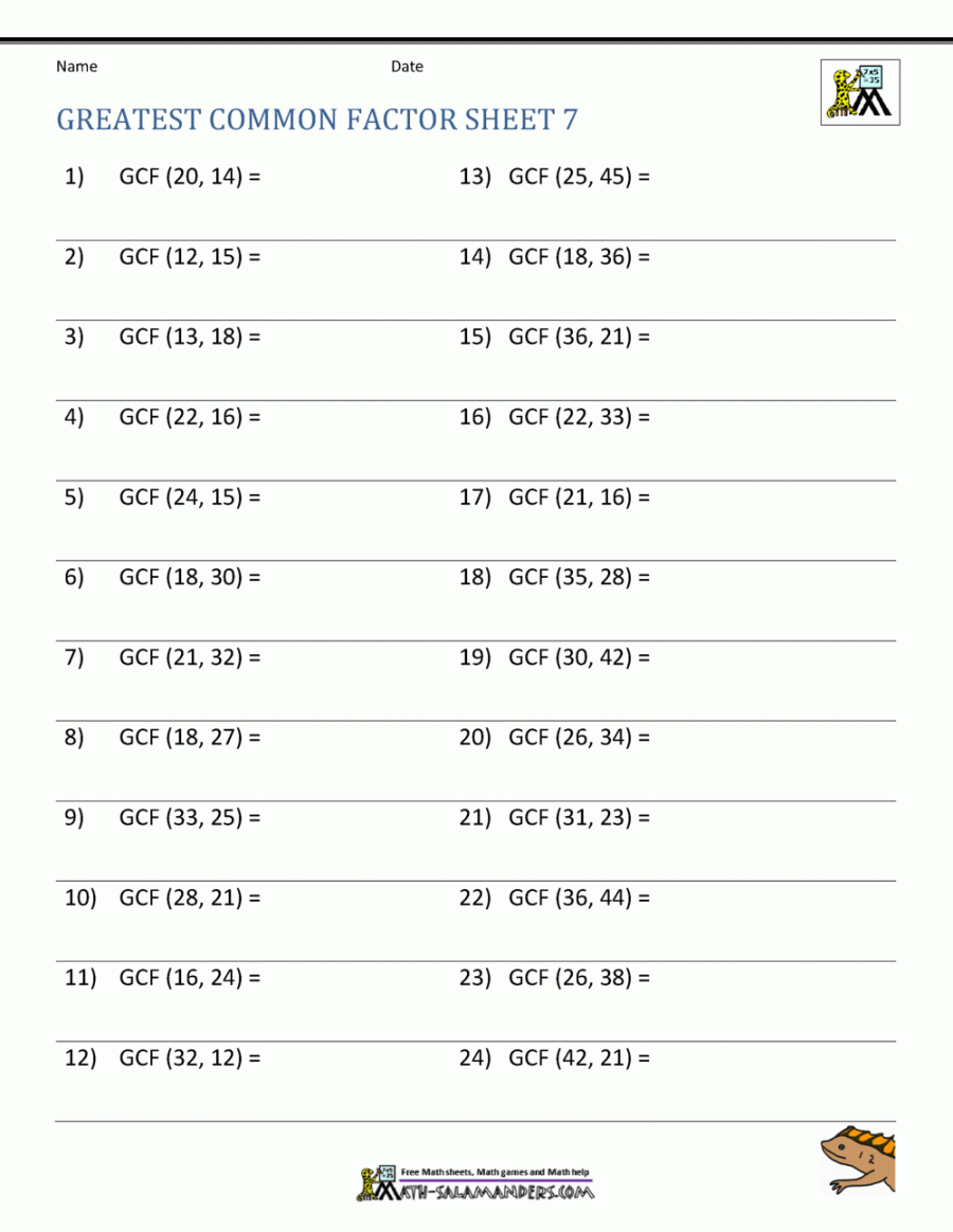 Greatest Common Factor Worksheet page