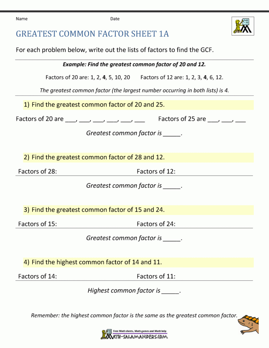 Greatest Common Factor Worksheet page