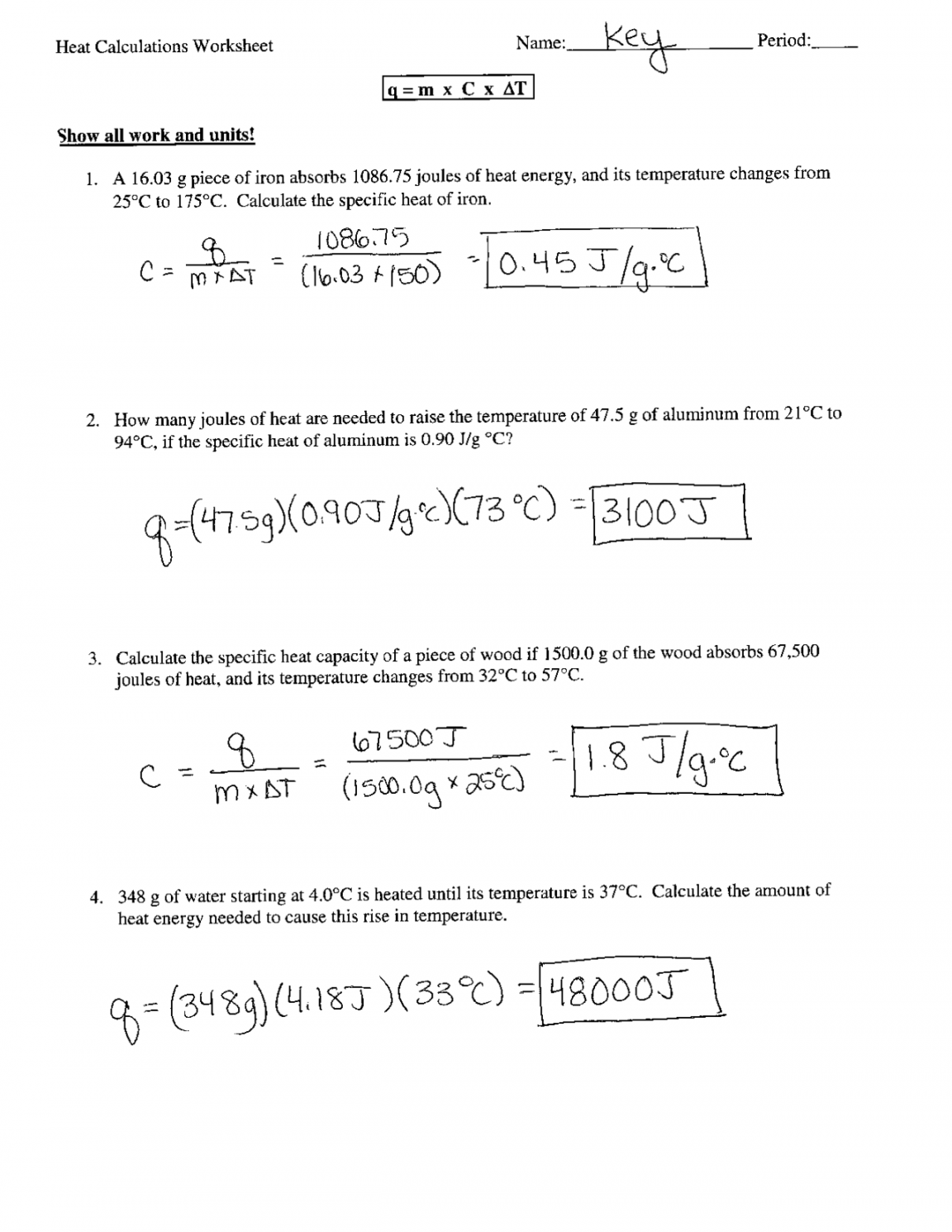 Heat Calculations Worksheet with Solutions  Exercises