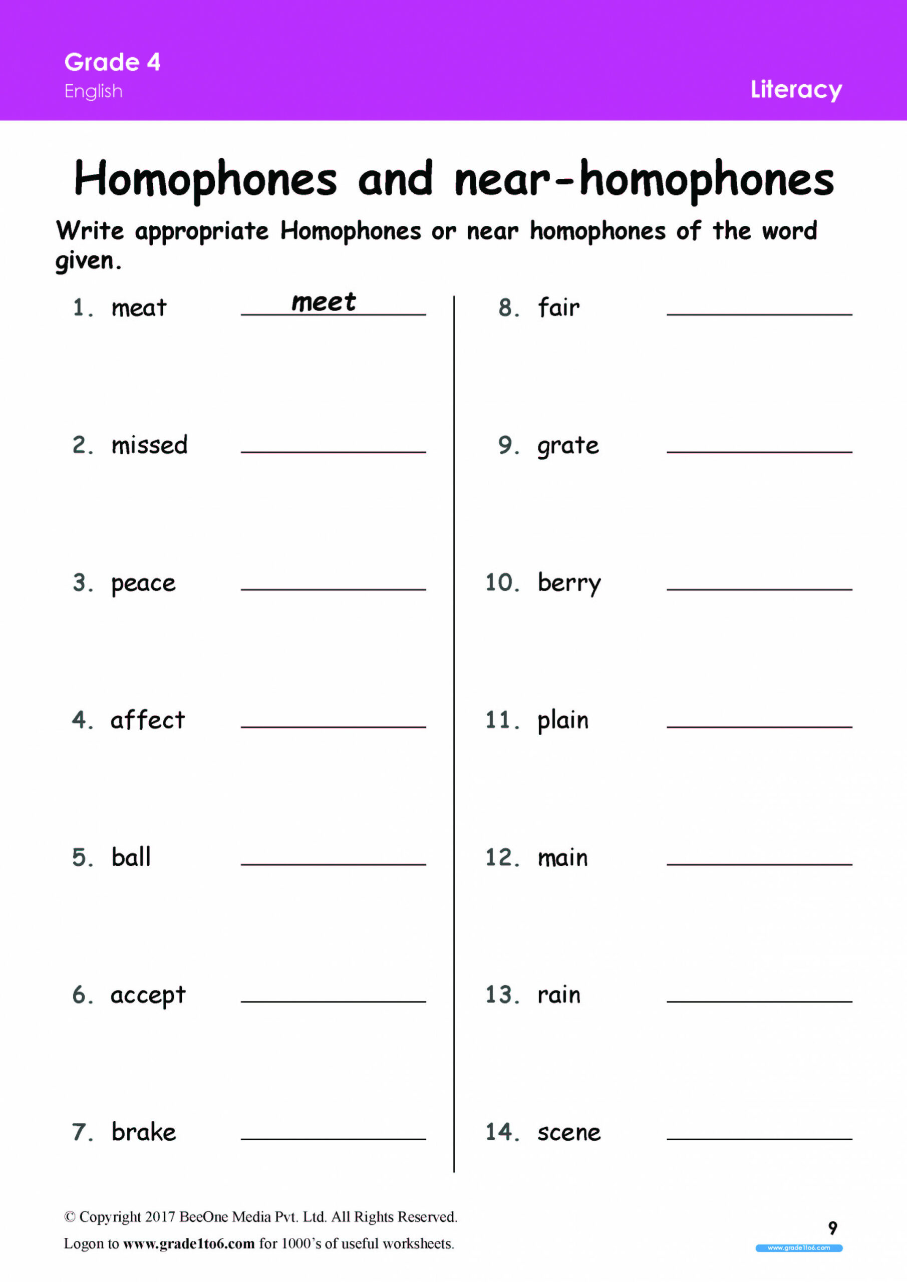 Homophones worksheets Grade www.gradeto