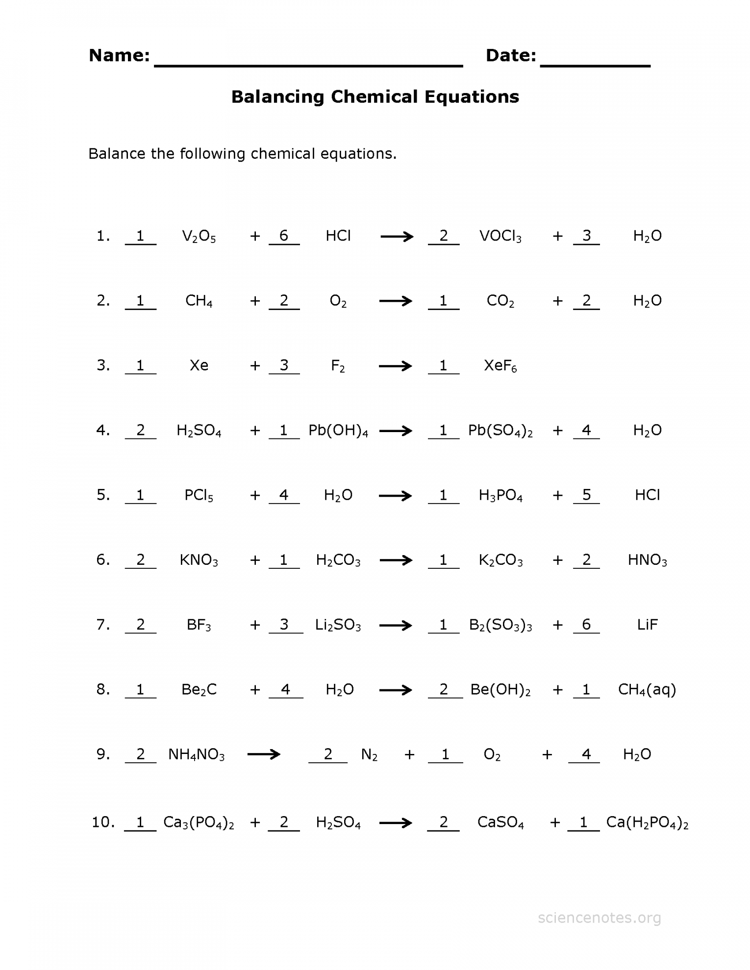 Balanced Chemical Equations Worksheet Printable PDF Template