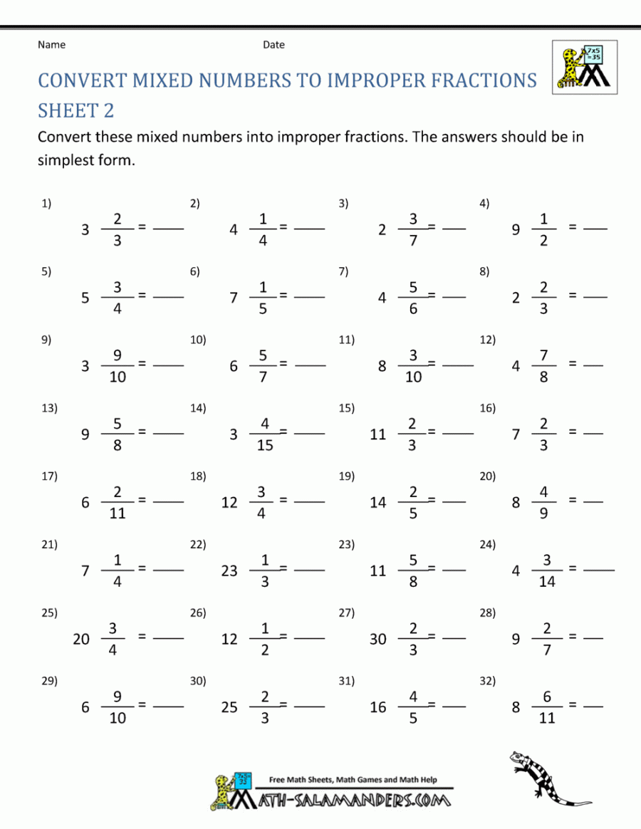 Improper Fractions To Mixed Numbers Worksheet